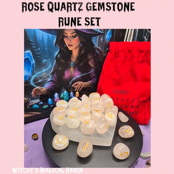Rose Quartz Gemstone Rune Stone Set - Picture 4 of 5